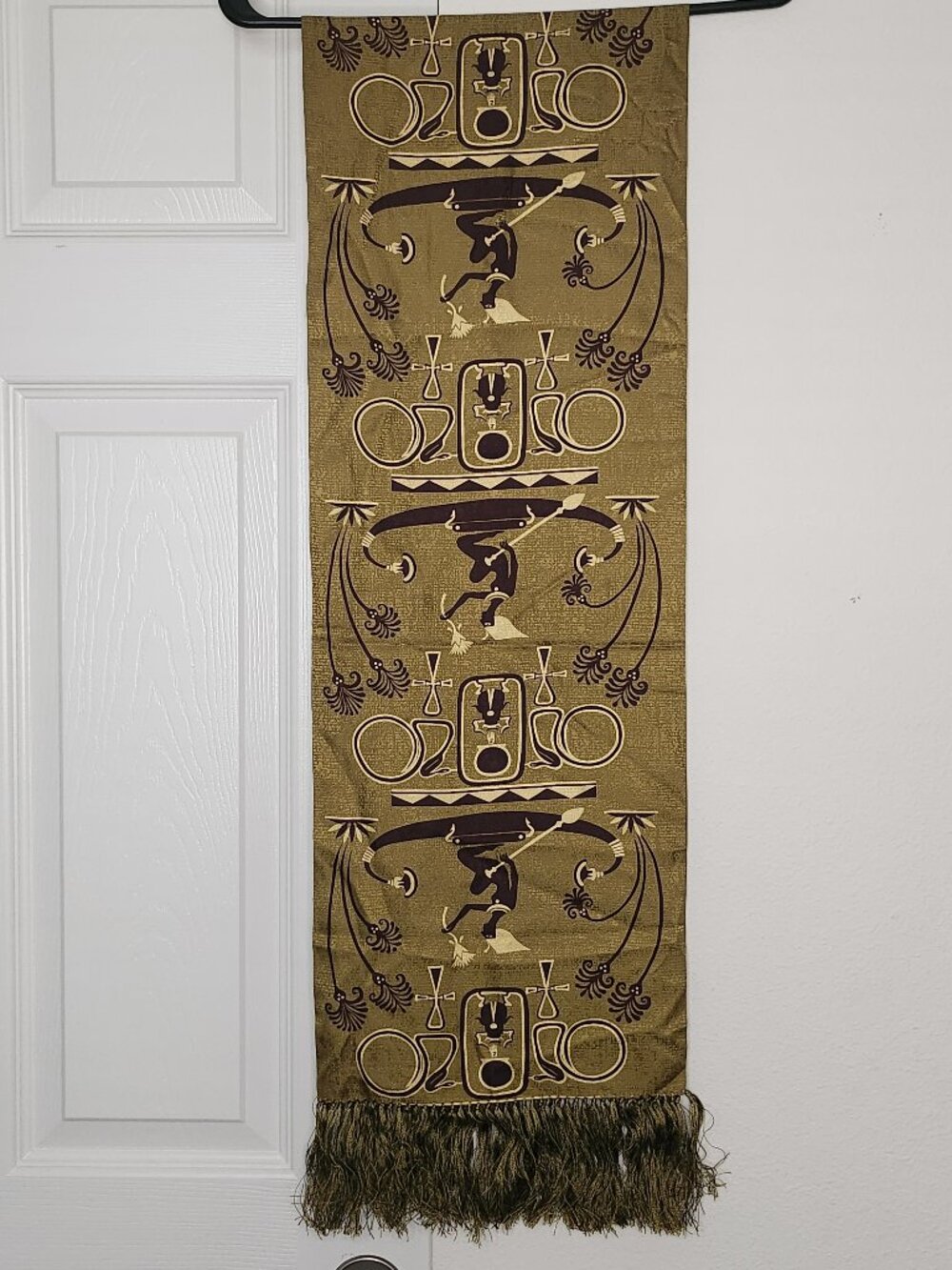 ZazouLuxe 100% Silk Scarf Egyptian Revival Pharaoh Cartouche Print Fringed Olive